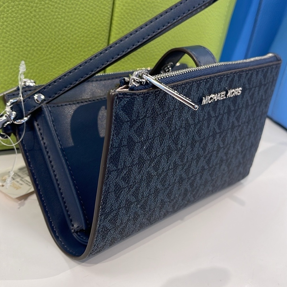 Michael Kors Jet Set Travel Large Double-Zip Wristlet-Wallet-PhoneHolder Admiral - Picture 14 of 16